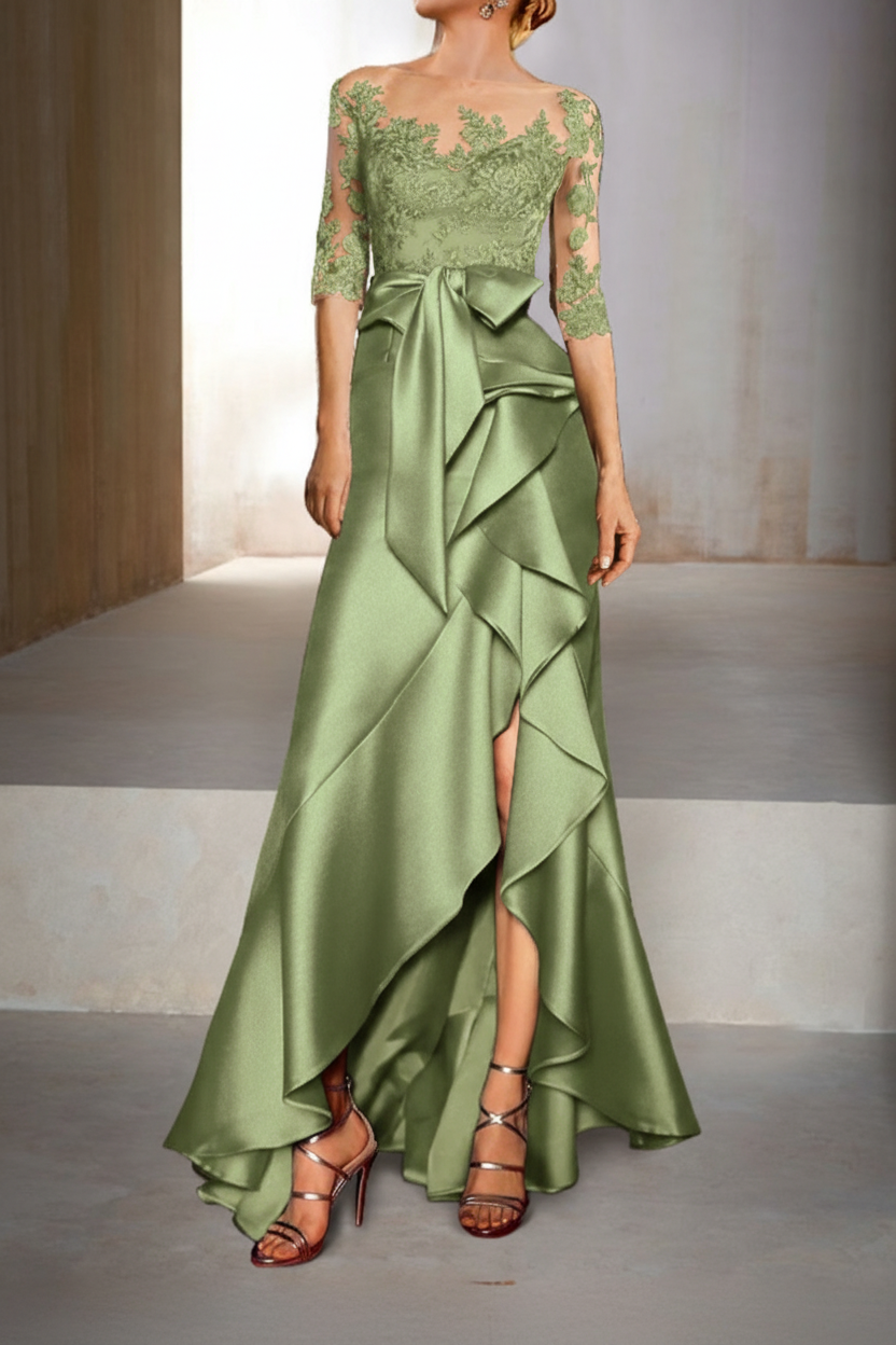 Mermaid / Trumpet Jewel Neck Half Sleeves Floor-Length Mother of the Bride Dresses With Appliques & Bow(s)
