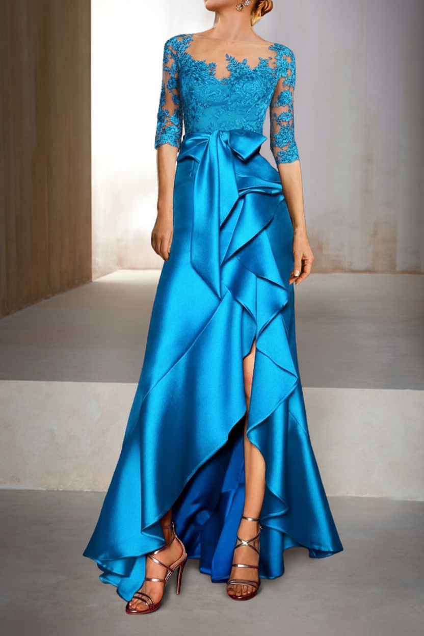 Mermaid / Trumpet Jewel Neck Half Sleeves Floor-Length Mother of the Bride Dresses With Appliques & Bow(s)
