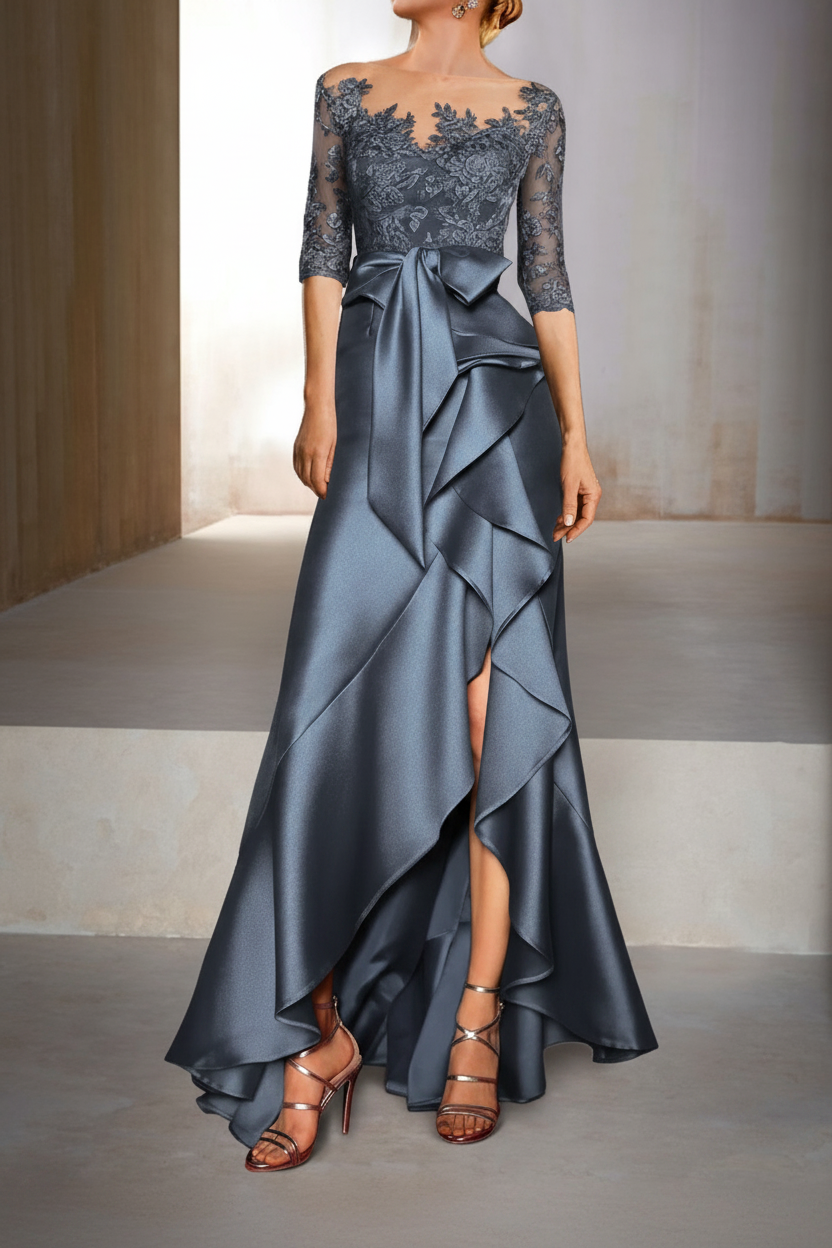 Mermaid / Trumpet Jewel Neck Half Sleeves Floor-Length Mother of the Bride Dresses With Appliques & Bow(s)