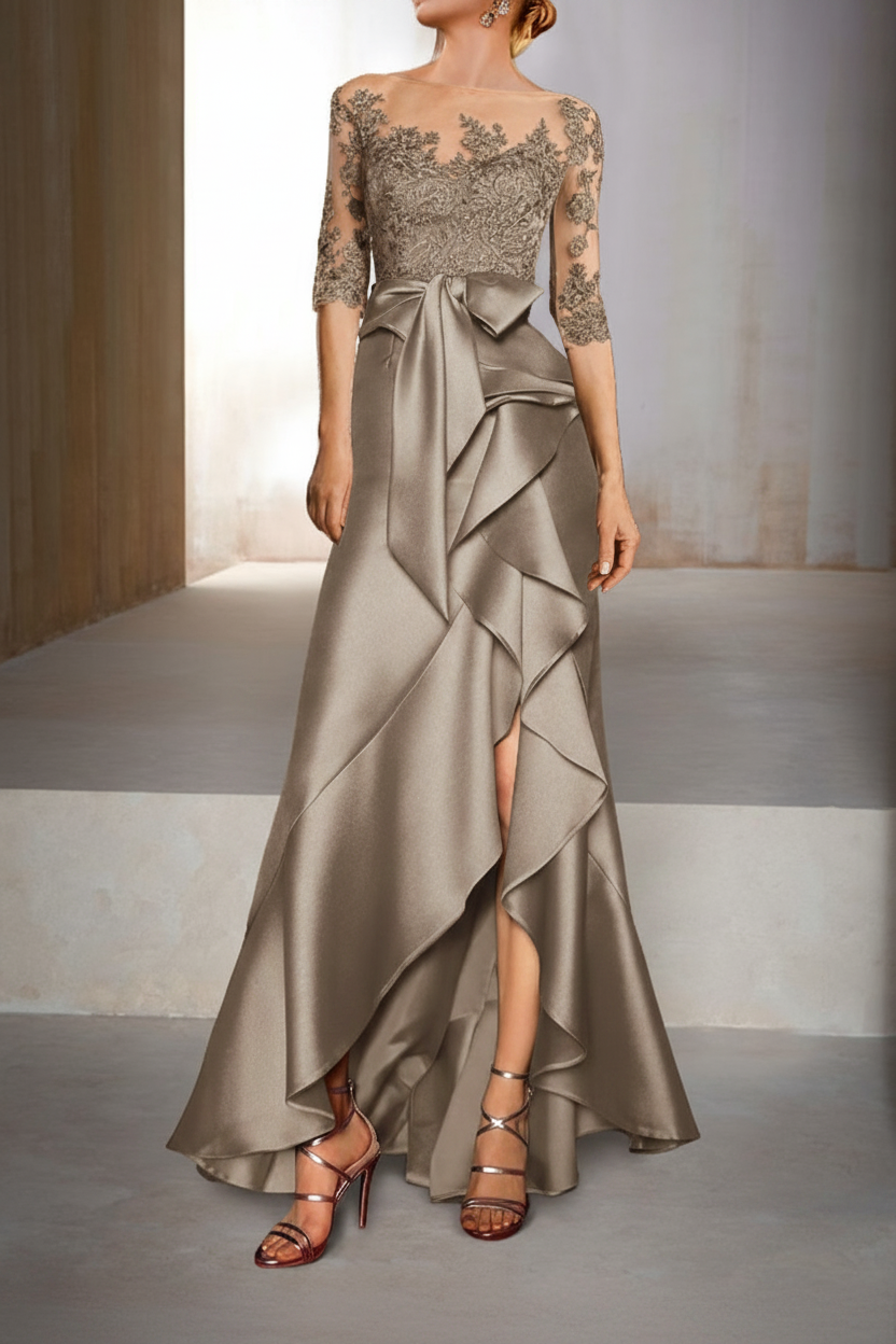 Mermaid / Trumpet Jewel Neck Half Sleeves Floor-Length Mother of the Bride Dresses With Appliques & Bow(s)
