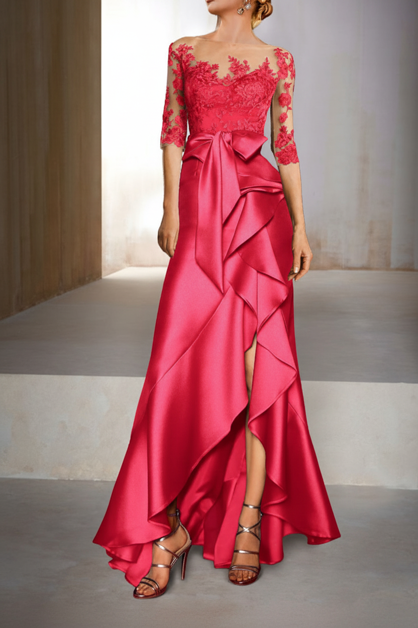 Mermaid / Trumpet Jewel Neck Half Sleeves Floor-Length Mother of the Bride Dresses With Appliques & Bow(s)