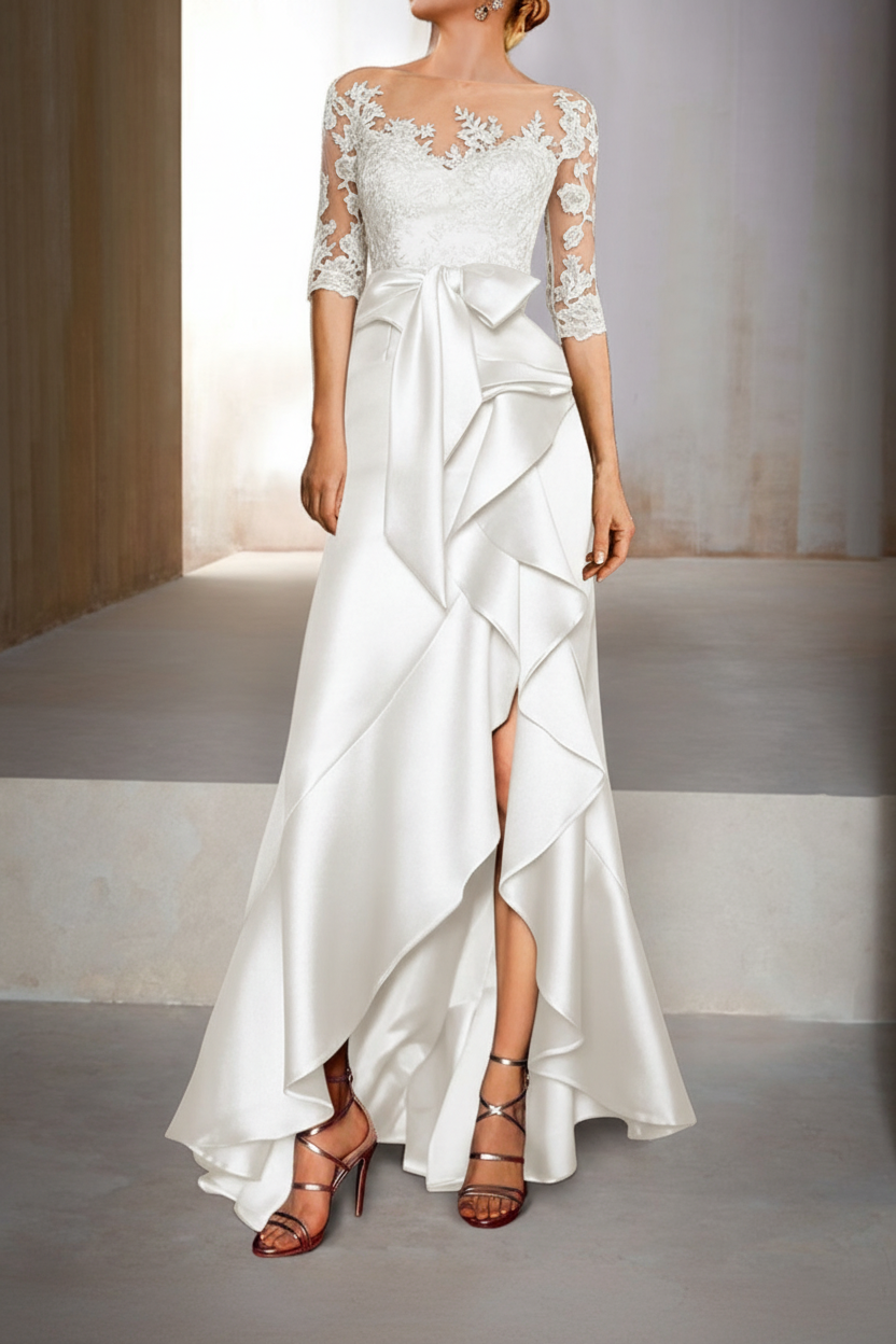 Mermaid / Trumpet Jewel Neck Half Sleeves Floor-Length Mother of the Bride Dresses With Appliques & Bow(s)