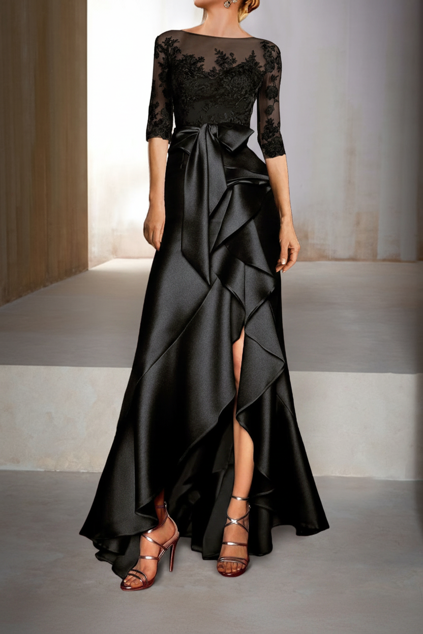 Mermaid / Trumpet Jewel Neck Half Sleeves Floor-Length Mother of the Bride Dresses With Appliques & Bow(s)