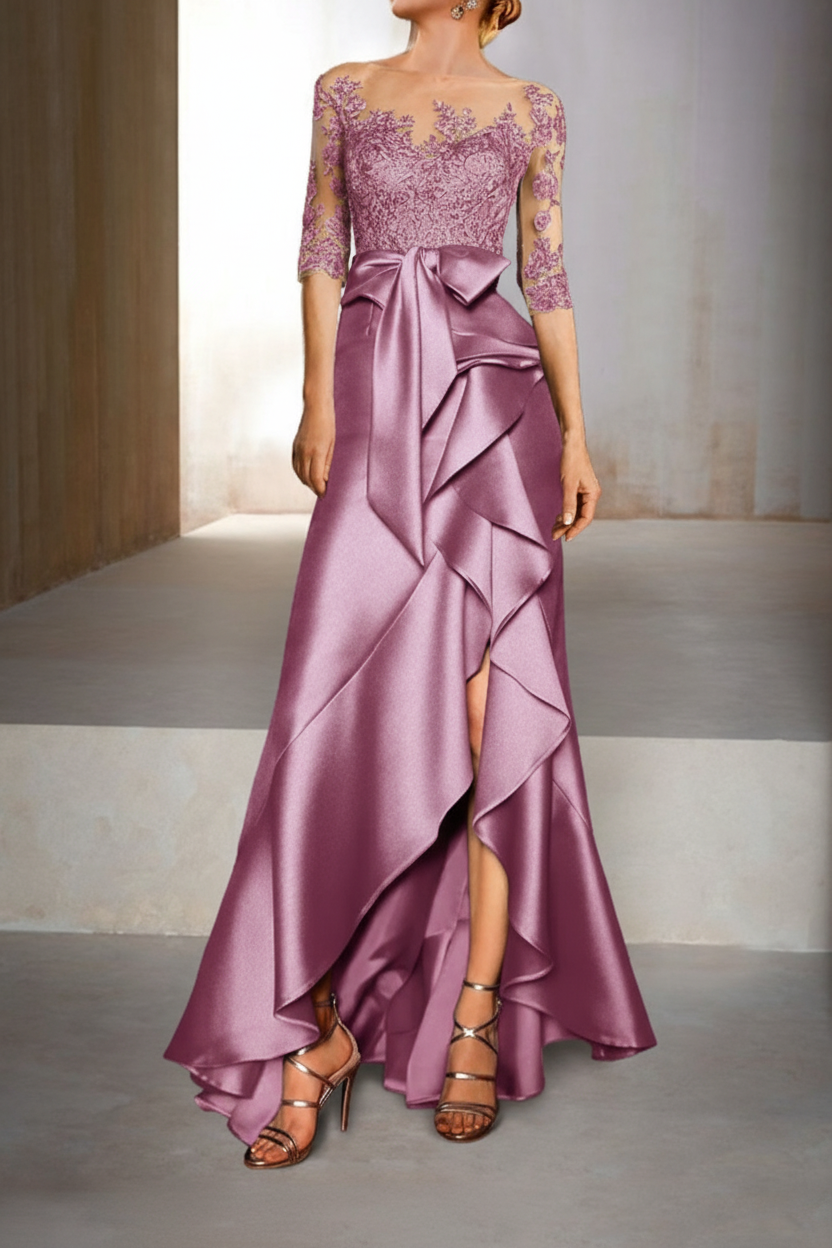 Mermaid / Trumpet Jewel Neck Half Sleeves Floor-Length Mother of the Bride Dresses With Appliques & Bow(s)