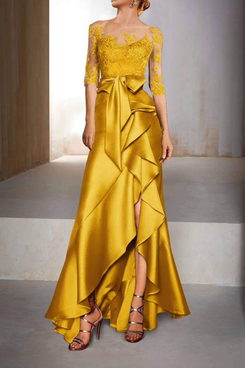Mermaid / Trumpet Jewel Neck Half Sleeves Floor-Length Mother of the Bride Dresses With Appliques & Bow(s)