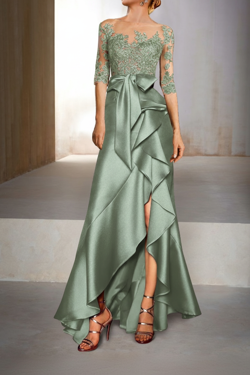 Mermaid / Trumpet Jewel Neck Half Sleeves Floor-Length Mother of the Bride Dresses With Appliques & Bow(s)