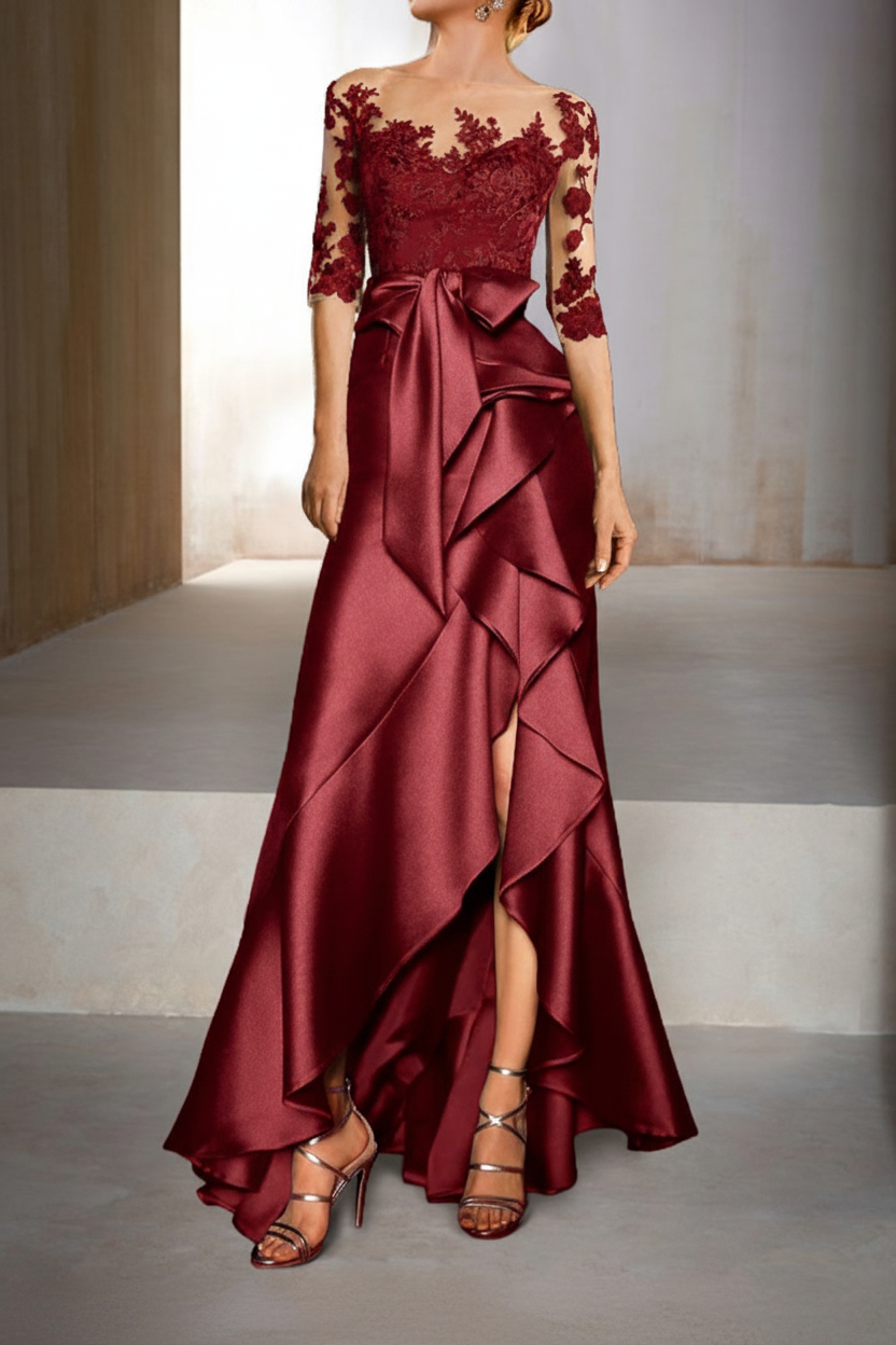 Mermaid / Trumpet Jewel Neck Half Sleeves Floor-Length Mother of the Bride Dresses With Appliques & Bow(s)