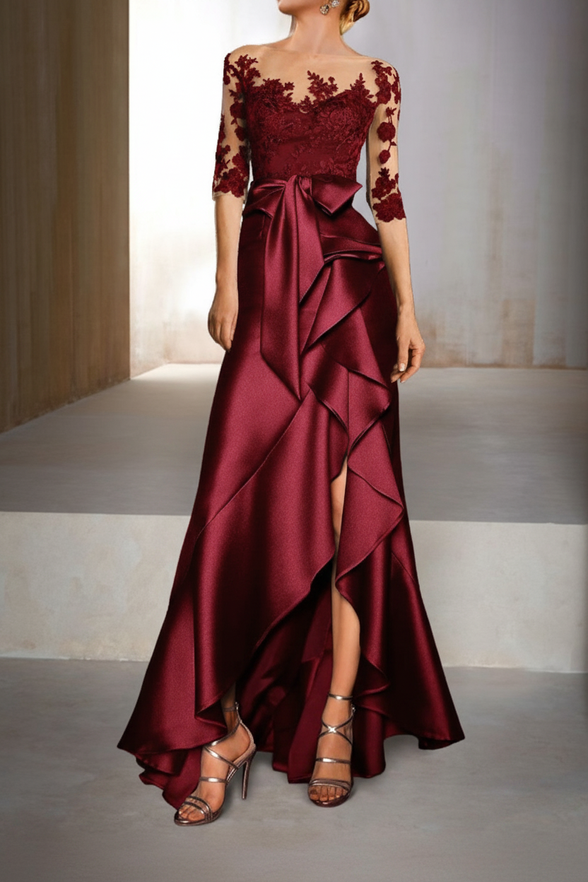Mermaid / Trumpet Jewel Neck Half Sleeves Floor-Length Mother of the Bride Dresses With Appliques & Bow(s)