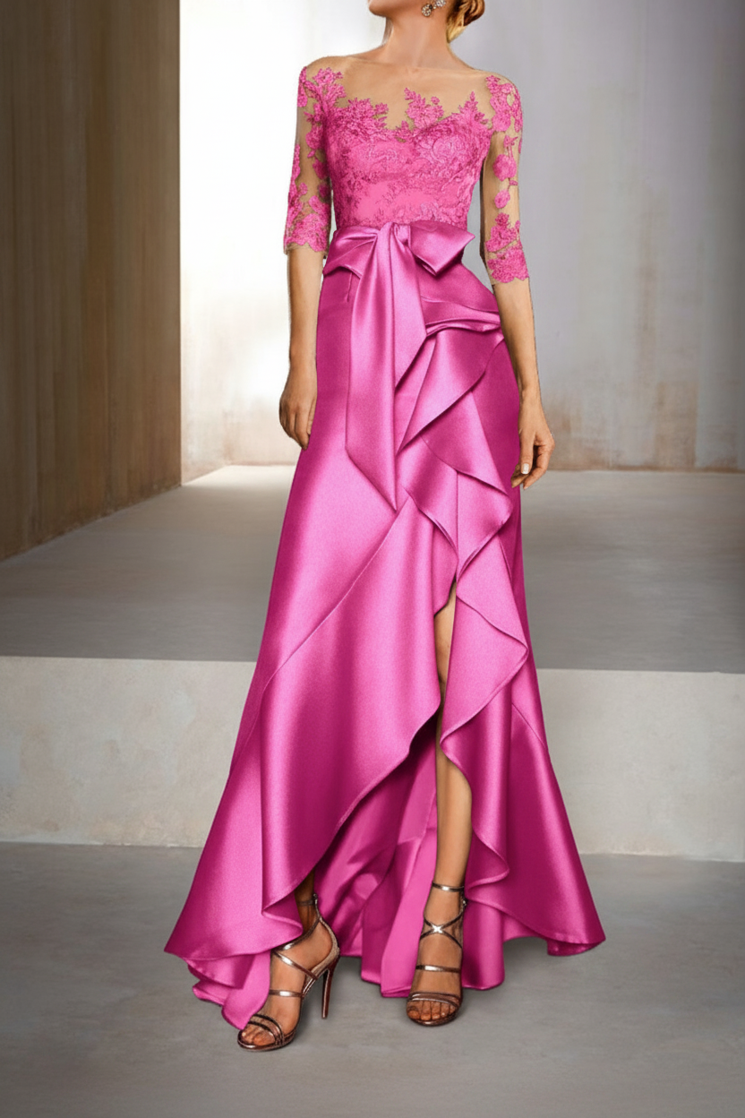 Mermaid / Trumpet Jewel Neck Half Sleeves Floor-Length Mother of the Bride Dresses With Appliques & Bow(s)