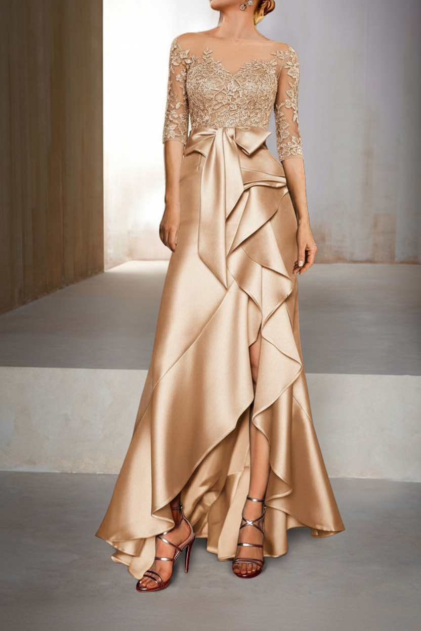 Mermaid / Trumpet Jewel Neck Half Sleeves Floor-Length Mother of the Bride Dresses With Appliques & Bow(s)