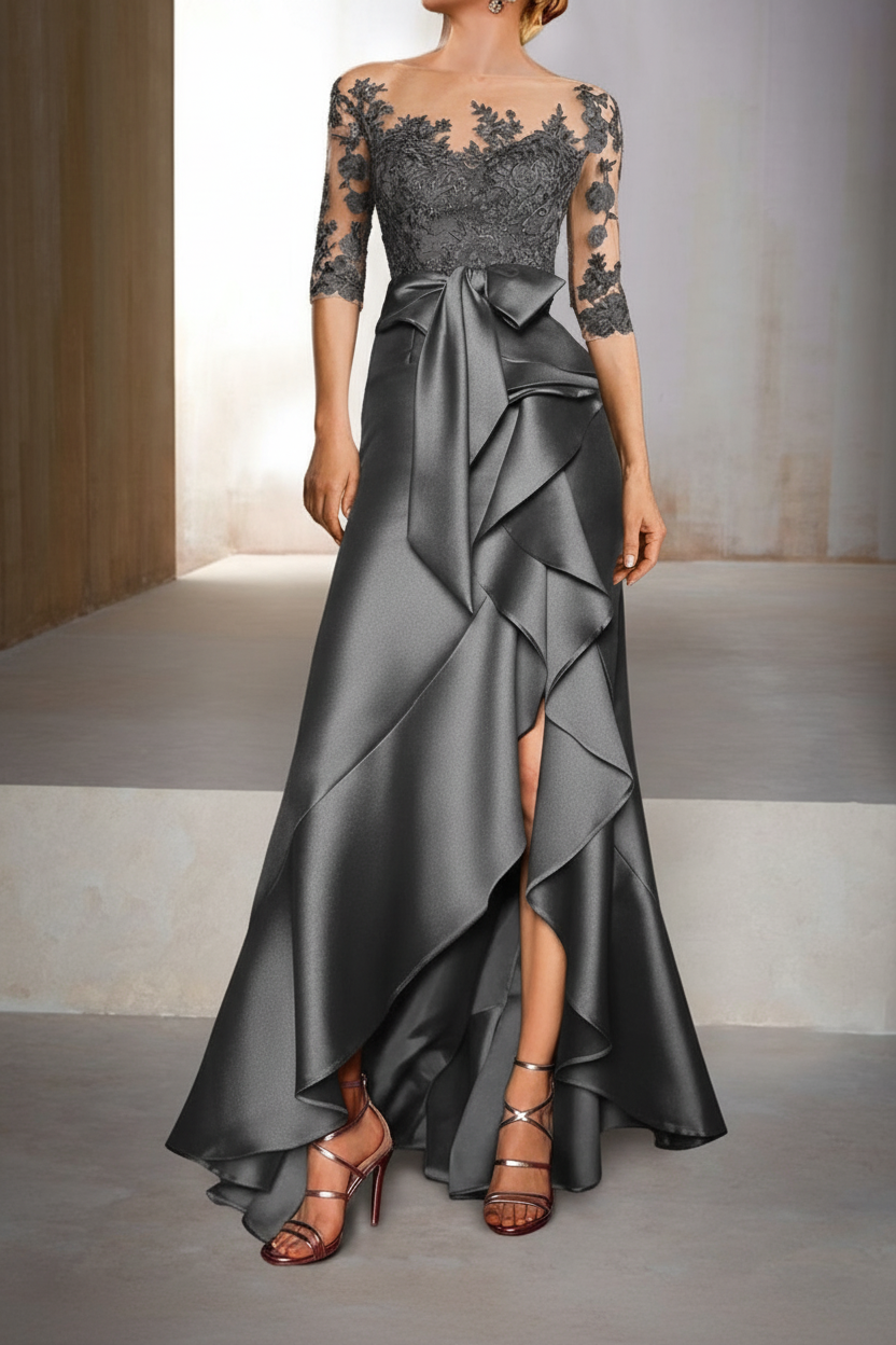 Mermaid / Trumpet Jewel Neck Half Sleeves Floor-Length Mother of the Bride Dresses With Appliques & Bow(s)