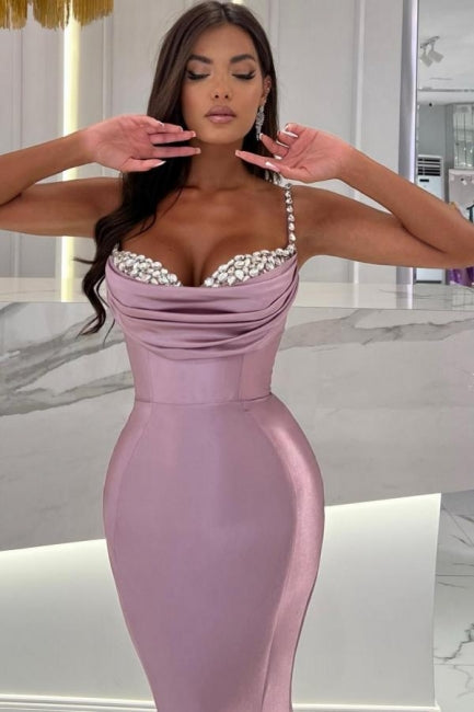 Mermaid Wisteria Ruffles Spaghetti Straps Floor-Length Sweetheart Stain Sleeveless Prom Evening Dresses with Beadings