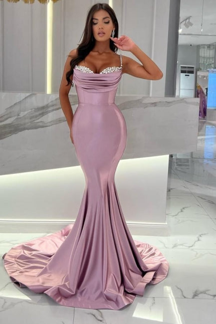 Mermaid Wisteria Ruffles Spaghetti Straps Floor-Length Sweetheart Stain Sleeveless Prom Evening Dresses with Beadings