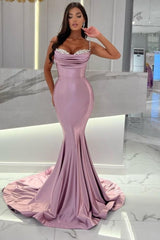 Mermaid Wisteria Ruffles Spaghetti Straps Floor-Length Sweetheart Stain Sleeveless Prom Evening Dresses with Beadings