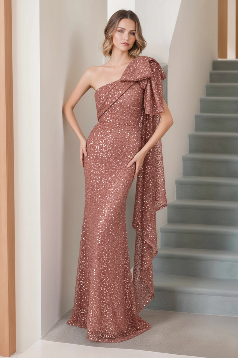 Mermaid/Trumpet One-Shoulder Sleeveless Floor-Length Long Mother of the Bride Dresses with Bow & Side Ruffle