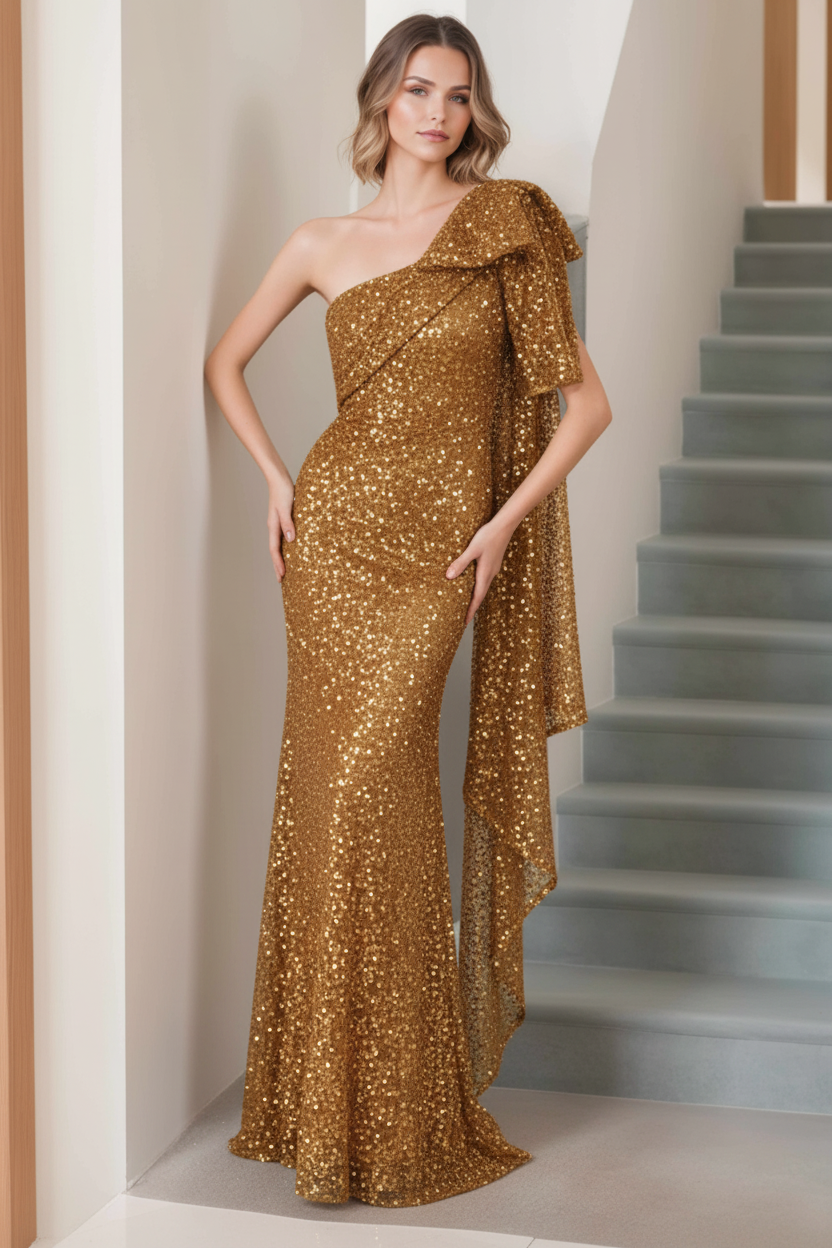 Mermaid/Trumpet One-Shoulder Sleeveless Floor-Length Long Mother of the Bride Dresses with Bow & Side Ruffle
