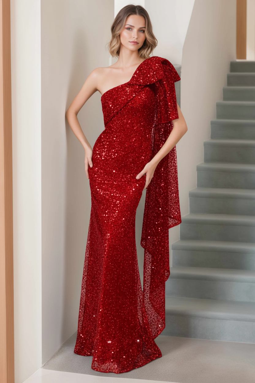 Mermaid/Trumpet One-Shoulder Sleeveless Floor-Length Long Mother of the Bride Dresses with Bow & Side Ruffle