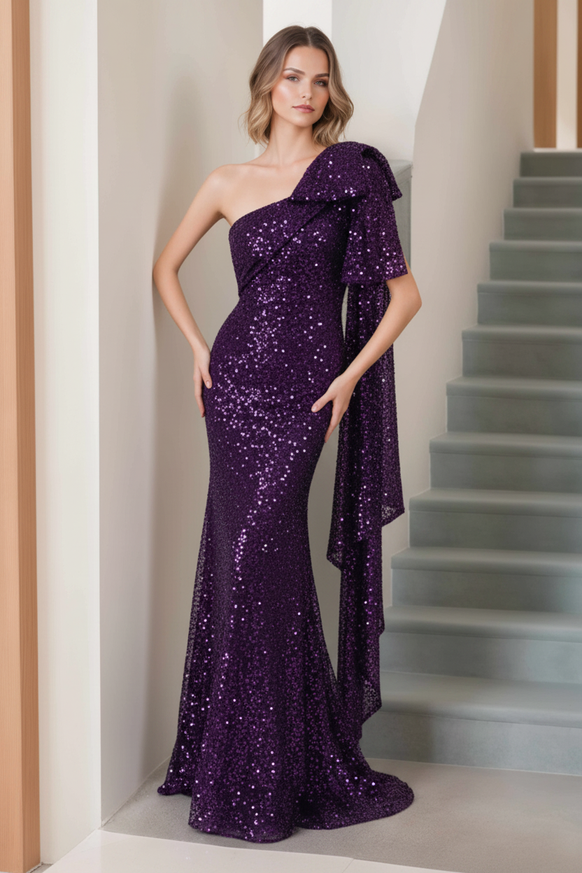 Mermaid/Trumpet One-Shoulder Sleeveless Floor-Length Long Mother of the Bride Dresses with Bow & Side Ruffle