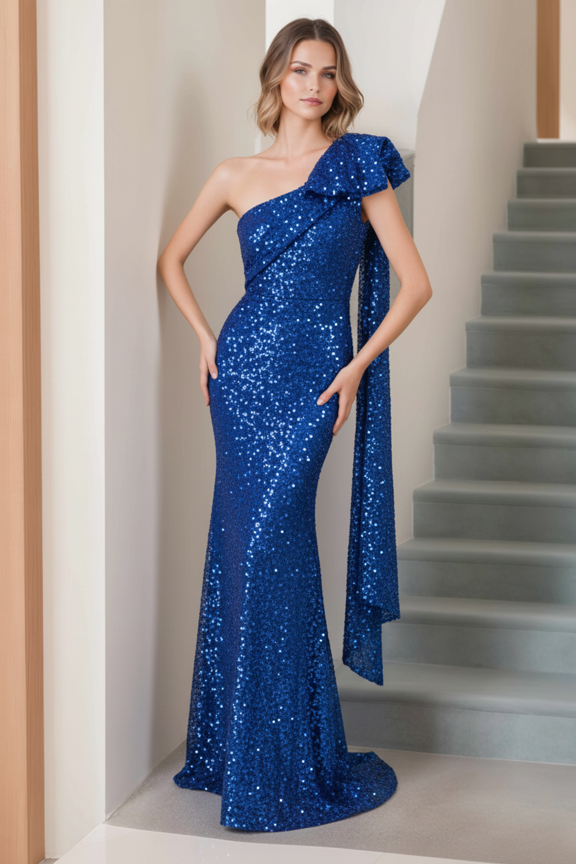 Mermaid/Trumpet One-Shoulder Sleeveless Floor-Length Long Mother of the Bride Dresses with Bow & Side Ruffle