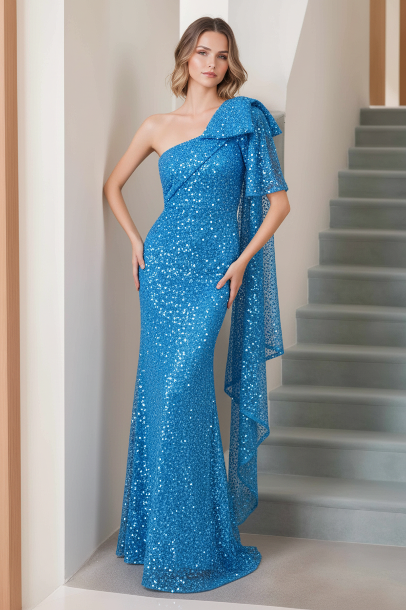 Mermaid/Trumpet One-Shoulder Sleeveless Floor-Length Long Mother of the Bride Dresses with Bow & Side Ruffle