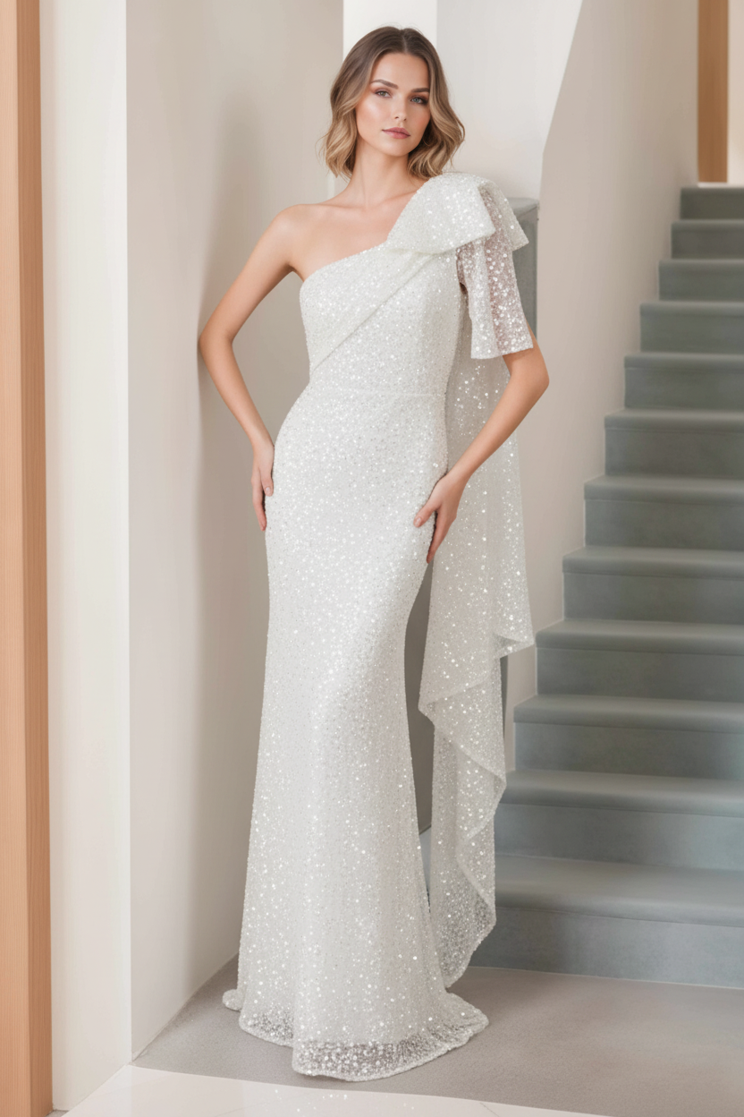 Mermaid/Trumpet One-Shoulder Sleeveless Floor-Length Long Mother of the Bride Dresses with Bow & Side Ruffle
