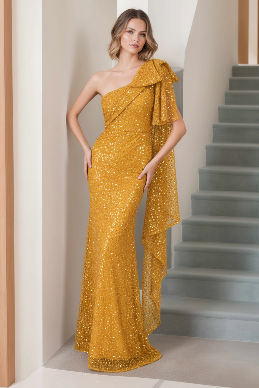 Mermaid/Trumpet One-Shoulder Sleeveless Floor-Length Long Mother of the Bride Dresses with Bow & Side Ruffle