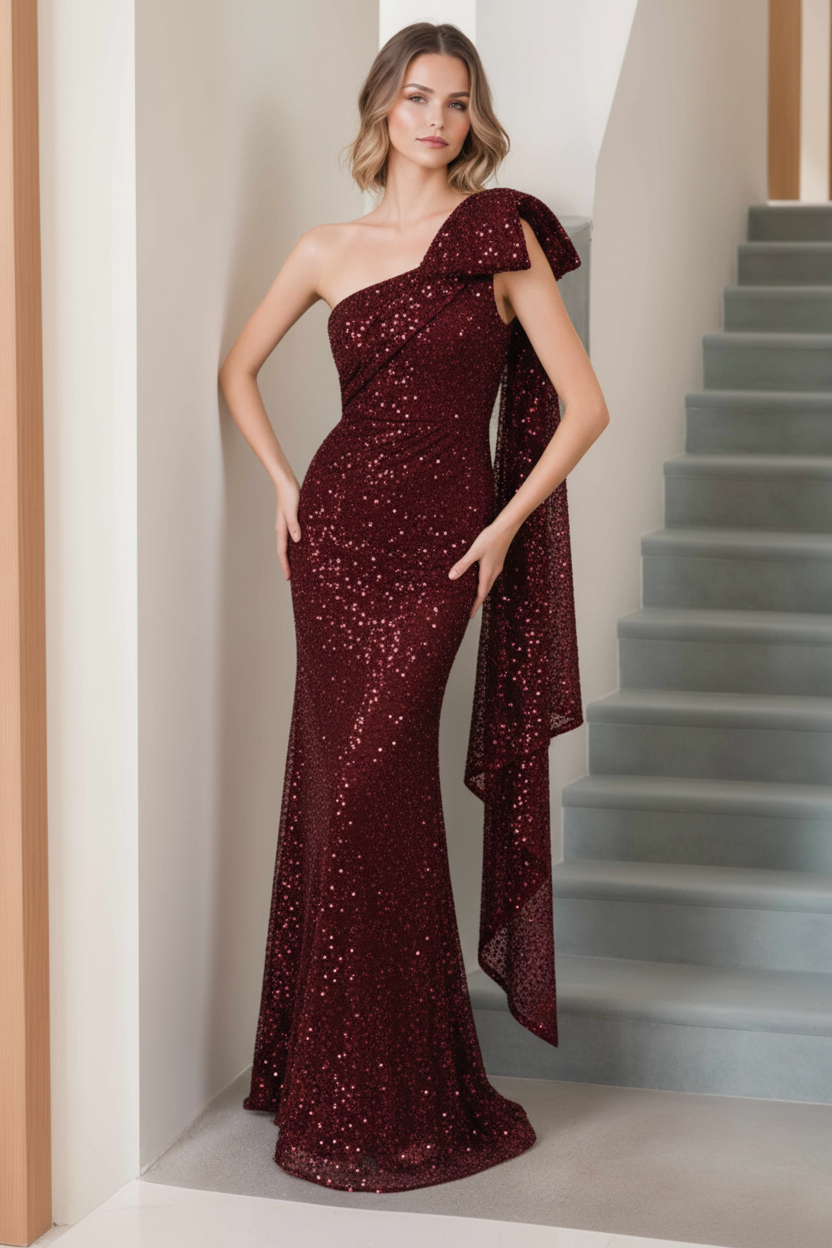 Mermaid/Trumpet One-Shoulder Sleeveless Floor-Length Long Mother of the Bride Dresses with Bow & Side Ruffle