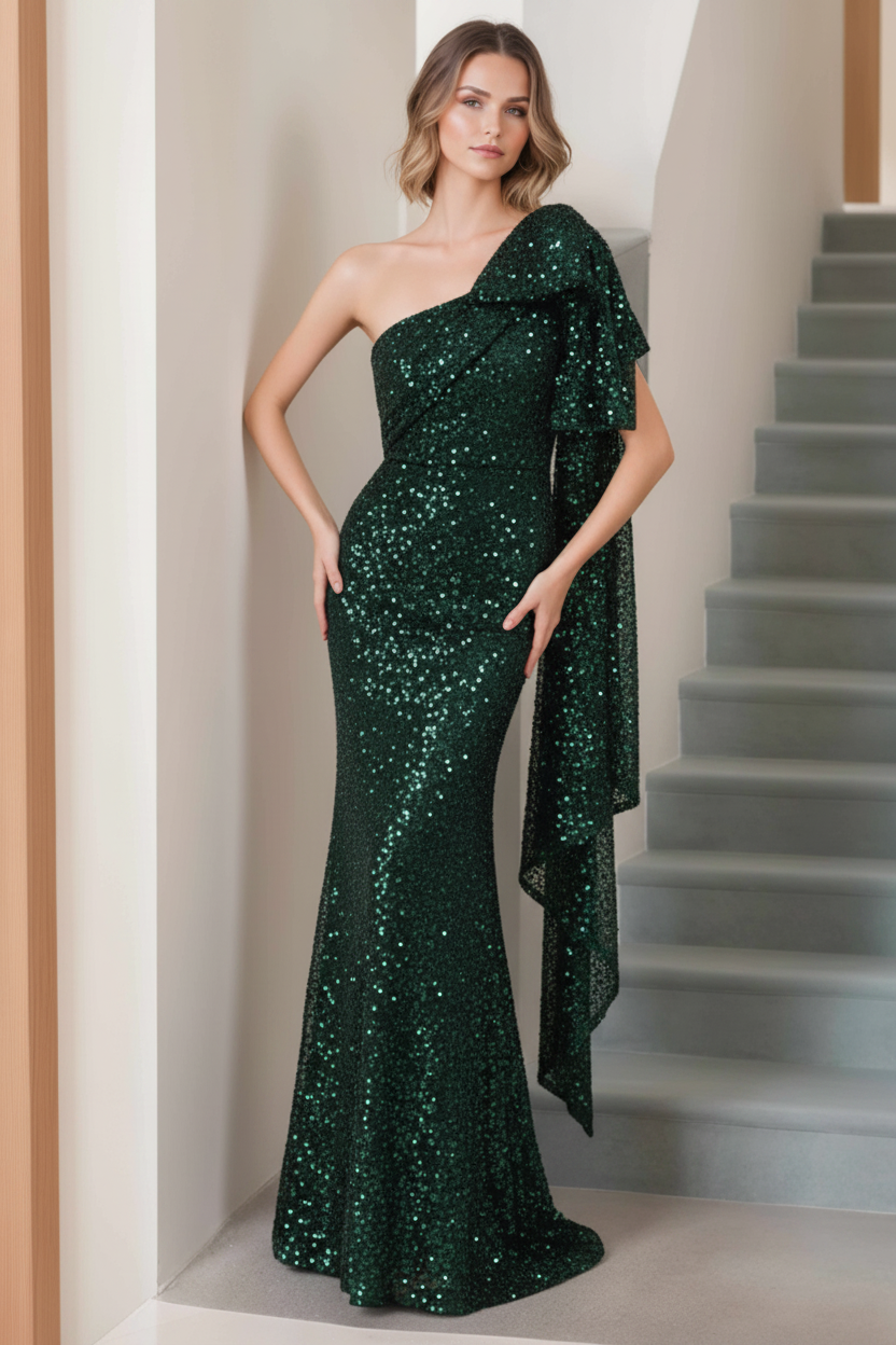 Mermaid/Trumpet One-Shoulder Sleeveless Floor-Length Long Mother of the Bride Dresses with Bow & Side Ruffle
