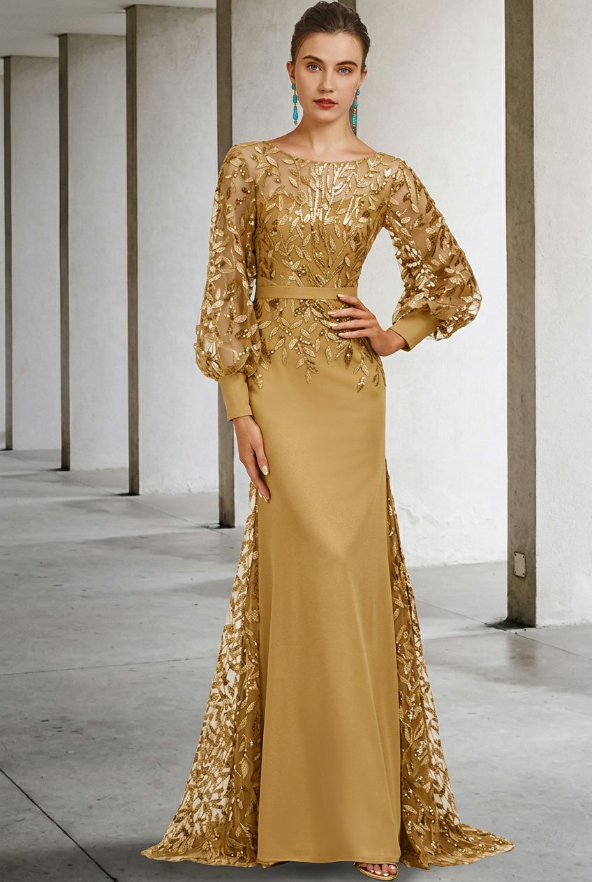 Mermaid/Trumpet Scoop Neck Long Sleeves Floor-Length Mother of the Bride Dresses with Sequins