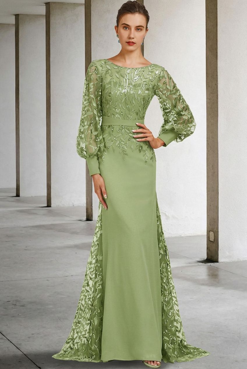 Mermaid/Trumpet Scoop Neck Long Sleeves Floor-Length Mother of the Bride Dresses with Sequins