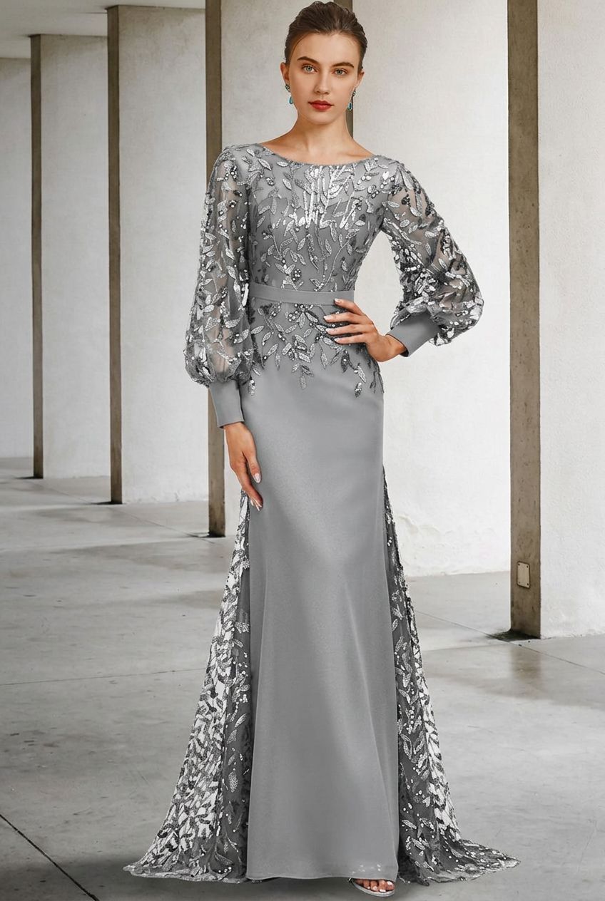 Mermaid/Trumpet Scoop Neck Long Sleeves Floor-Length Mother of the Bride Dresses with Sequins