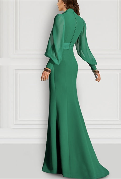 Mermaid/Trumpet Sweep/Brush Train Long Sleeve V Neck Mother of the Bride Dress Elastic Chiffon with Slit Strappy
