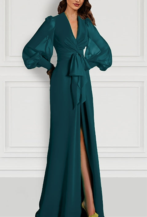 Mermaid/Trumpet Sweep/Brush Train Long Sleeve V Neck Mother of the Bride Dress Elastic Chiffon with Slit Strappy