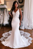 Mermaid Fabulous Floor-Length Stain V-Neck Sleeveless Lace Wedding Dresses with Appliques