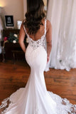 Mermaid Fabulous Floor-Length Stain V-Neck Sleeveless Tulle Wedding Dresses with Appliques