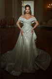 Mermaid Floor-Length Off-The-Shoulder V-Neck Sleeveless A-Line Sequins Wedding Dresses with Ruffles