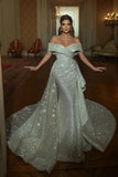 Mermaid Floor-Length Off-The-Shoulder V-Neck Sleeveless A-Line Sequins Wedding Dresses with Ruffles