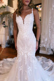 Mermaid Floor-Length Spaghetti Straps Sweetheart Tulle Wedding Dresses with Appliques