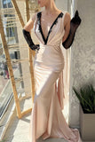 Mermaid V-Neck Sleeveless Stain Pron Dress with Lace
