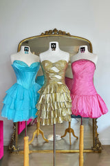 Metallic Gold A Line Sweetheart Ruched Short Homecoming Dress with Ruffles