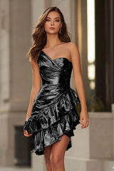Metallic Gold One Shoulder Tight Short Cocktail Dress with Ruffles