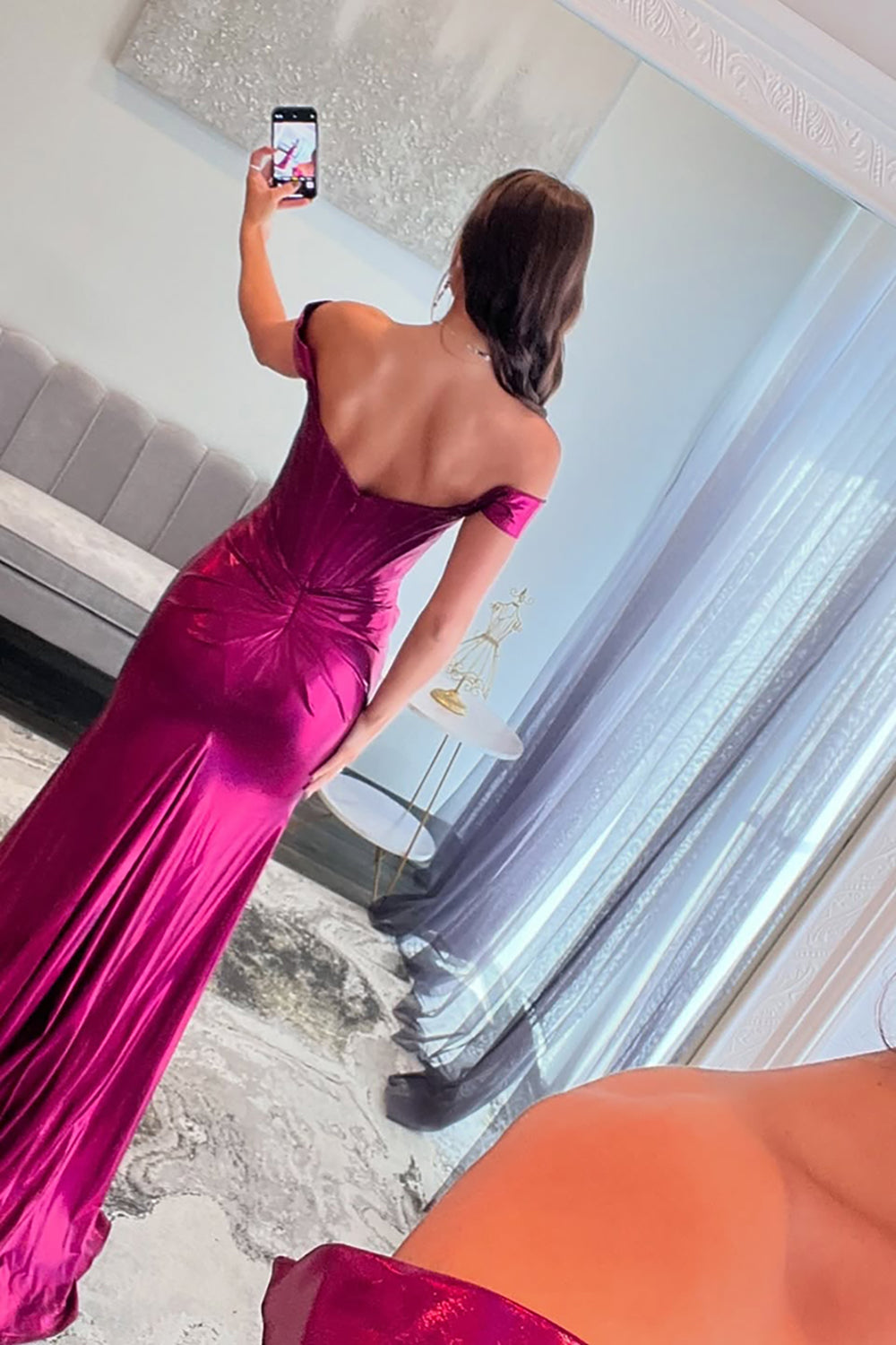 Metallic Long Mermaid Prom Dress in Hot Pink with Off-Shoulder Design