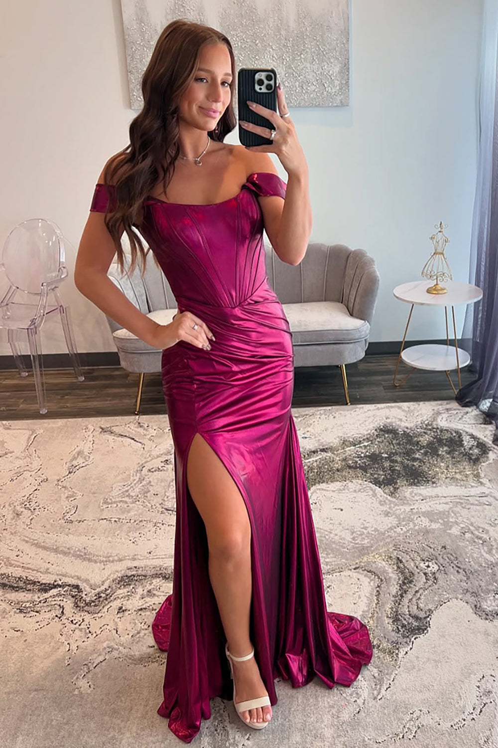 Metallic Long Mermaid Prom Dress in Hot Pink with Off-Shoulder Design