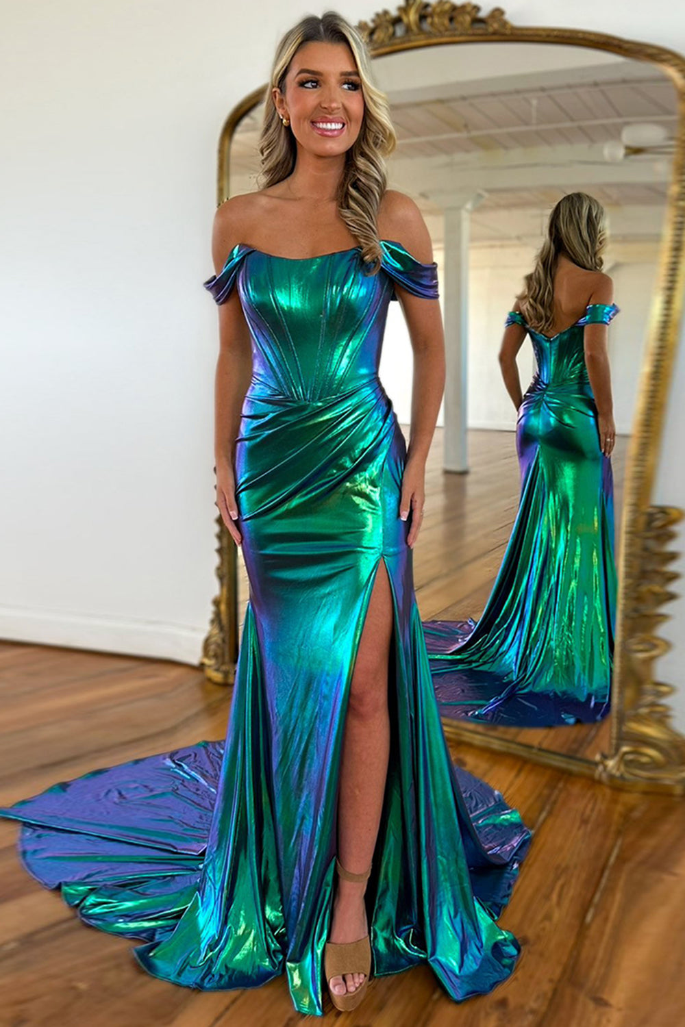 Metallic Long Mermaid Prom Dress in Hot Pink with Off-Shoulder Design