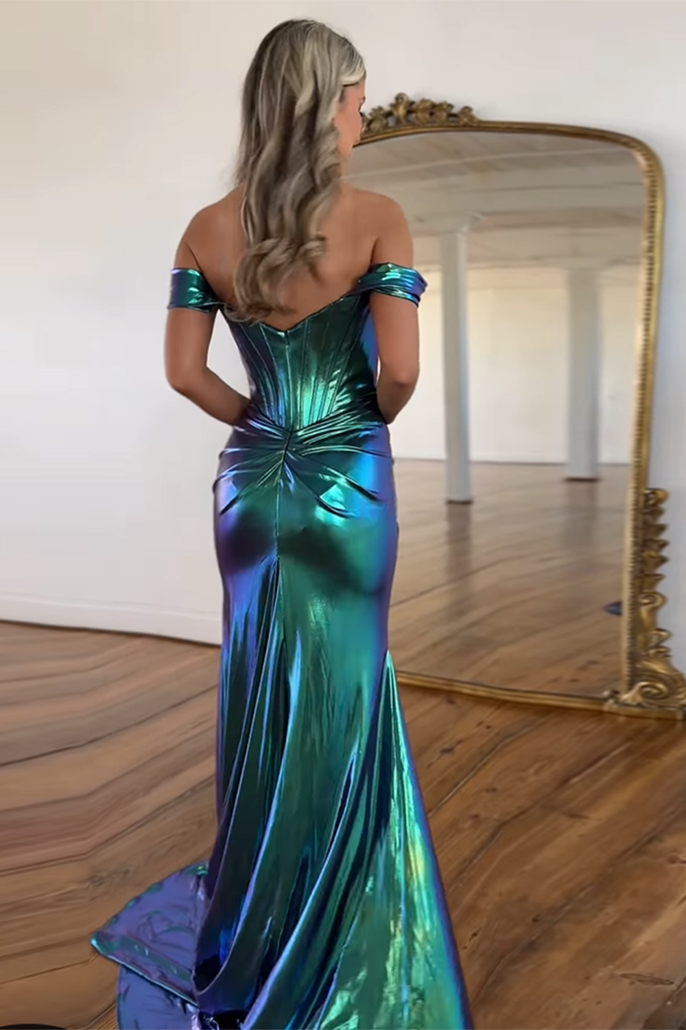 Metallic Long Mermaid Prom Dress in Hot Pink with Off-Shoulder Design