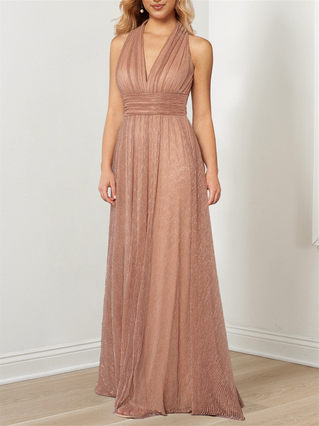 Metallic V-Neck Halter Mother of the Bride A-Line Floor-Length Dress