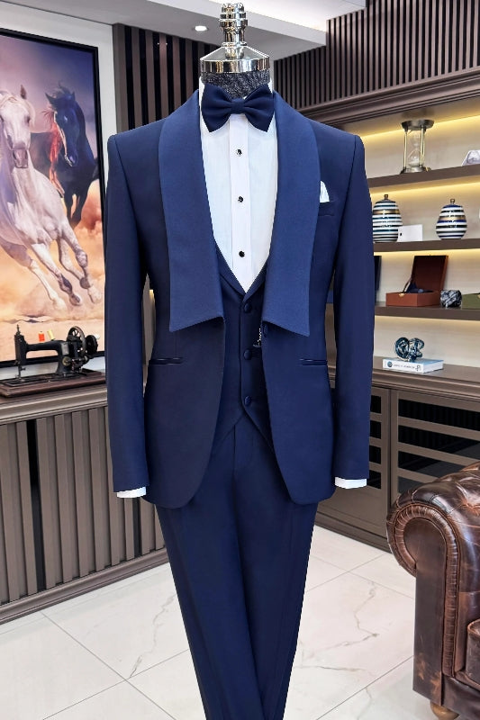 Midnight Blue Shawl Collar Three-Piece Men's Wedding Ensemble
