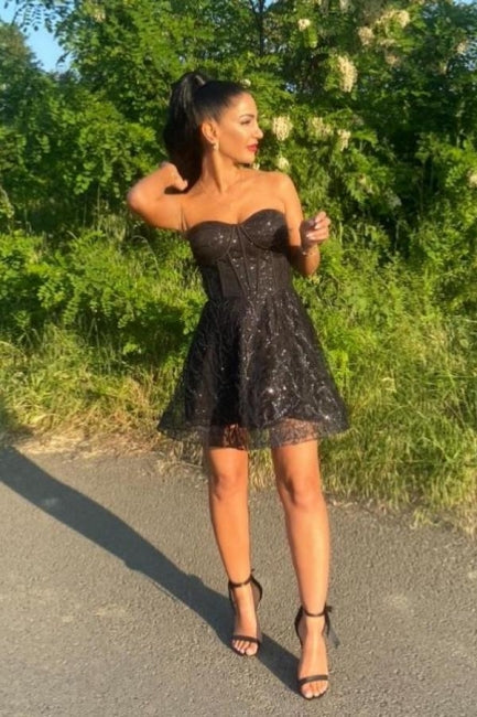 Mini Black Sweetheart Tulle Sleeveless A-Line Strapless Prom Evening Dresses with Lace