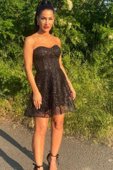 Mini Black Sweetheart Tulle Sleeveless A-Line Strapless Prom Evening Dresses with Lace