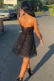Mini Black Sweetheart Tulle Sleeveless A-Line Strapless Prom Dresses with Lace